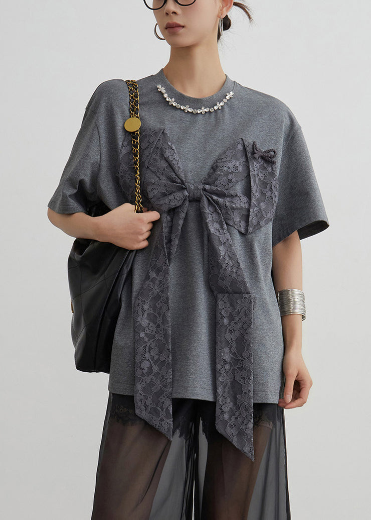 Loose Grey O Neck Bow Patchwork Cotton T Shirt Summer