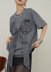 Loose Grey O Neck Bow Patchwork Cotton T Shirt Summer