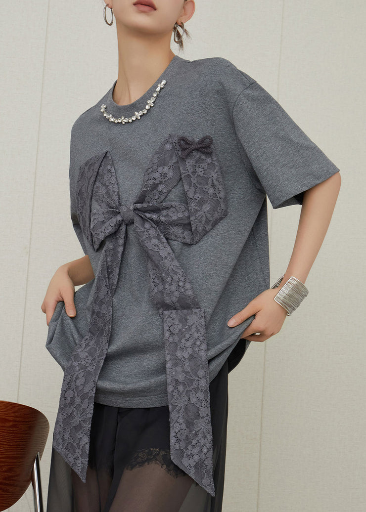 Loose Grey O Neck Bow Patchwork Cotton T Shirt Summer
