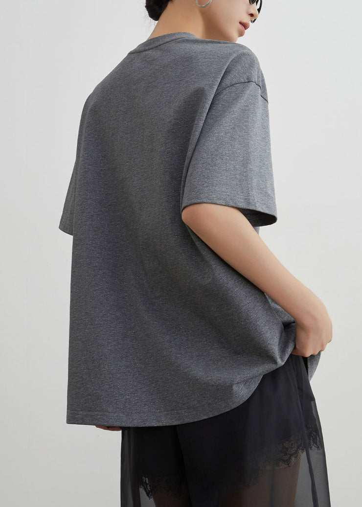 Loose Grey O Neck Bow Patchwork Cotton T Shirt Summer