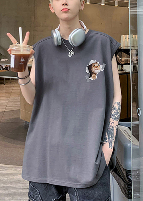 Loose Grey O Neck Print Cats Cotton Men Tank Summer