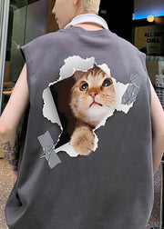 Loose Grey O Neck Print Cats Cotton Men Tank Summer