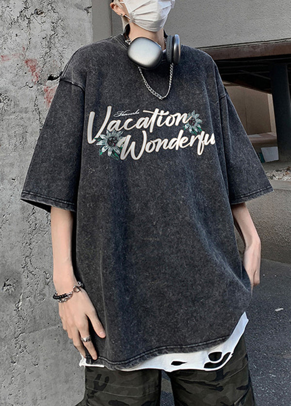 Loose Grey O Neck Print Cotton Men T Shirt Summer