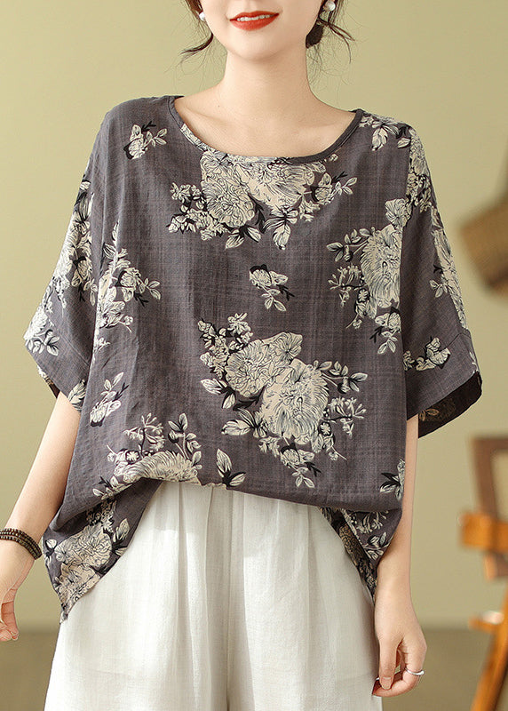 Loose Grey O-Neck Print T Shirt Short Sleeve