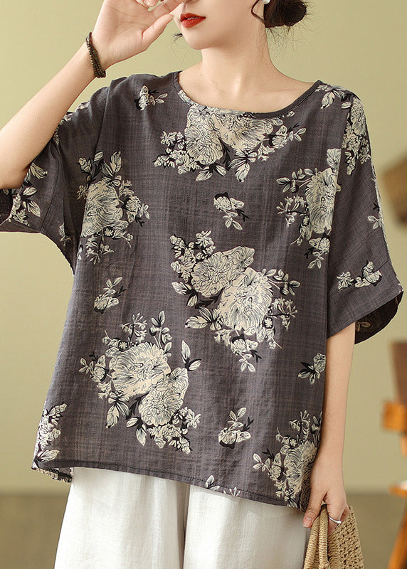 Loose Grey O-Neck Print T Shirt Short Sleeve