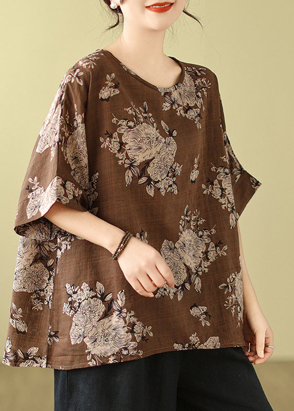 Loose Grey O-Neck Print T Shirt Short Sleeve