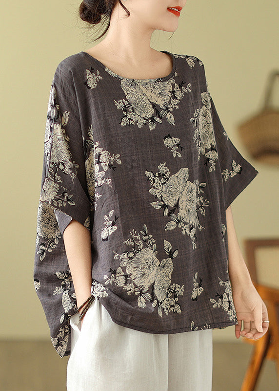 Loose Grey O-Neck Print T Shirt Short Sleeve
