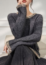 Loose Grey O-Neck Thick Cotton Knit Sweater Flare Sleeve