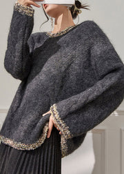 Loose Grey O-Neck Thick Cotton Knit Sweater Flare Sleeve