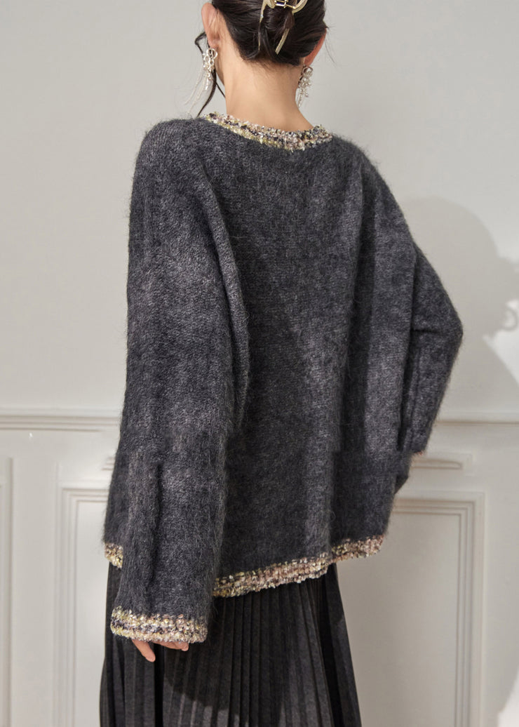 Loose Grey O-Neck Thick Cotton Knit Sweater Flare Sleeve