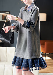 Loose Grey Peter Pan Collar Patchwork False Two Pieces Cotton Mid Dress Fall