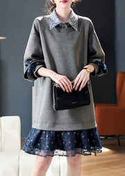 Loose Grey Peter Pan Collar Patchwork False Two Pieces Cotton Mid Dress Fall