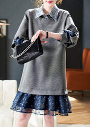 Loose Grey Peter Pan Collar Patchwork False Two Pieces Cotton Mid Dress Fall