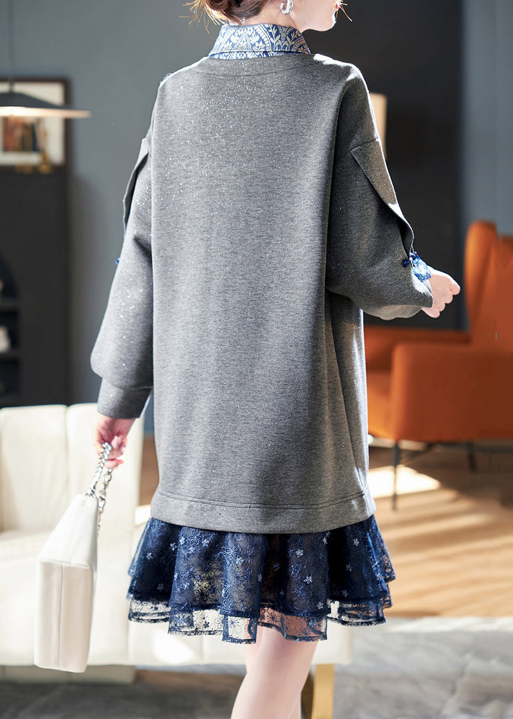 Loose Grey Peter Pan Collar Patchwork False Two Pieces Cotton Mid Dress Fall