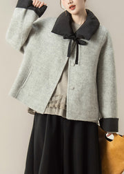 Loose Grey Peter Pan Collar Patchwork Woolen Coat Winter