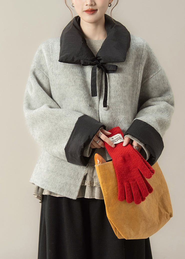 Loose Grey Peter Pan Collar Patchwork Woolen Coat Winter