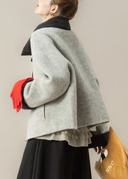 Loose Grey Peter Pan Collar Patchwork Woolen Coat Winter