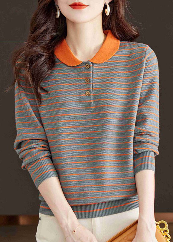 Loose Grey Peter Pan Collar Striped Knit Sweater Fall