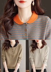 Loose Grey Peter Pan Collar Striped Knit Sweater Fall