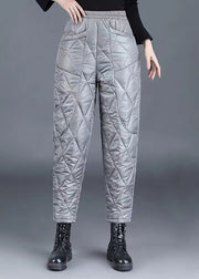 Loose Grey Plaid Pockets Elastic Waist Fine Cotton Filled Crop Pants Winter
