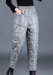 Loose Grey Plaid Pockets Elastic Waist Fine Cotton Filled Crop Pants Winter