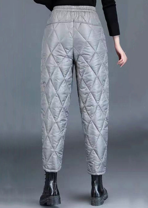 Loose Grey Plaid Pockets Elastic Waist Fine Cotton Filled Crop Pants Winter