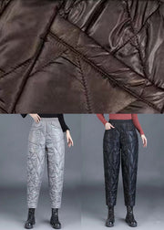 Loose Grey Plaid Pockets Elastic Waist Fine Cotton Filled Crop Pants Winter