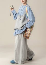 Loose Grey Ruffled Knit Vest Blue Lace Up Tops And Pants Cotton Three Piece Set Fall