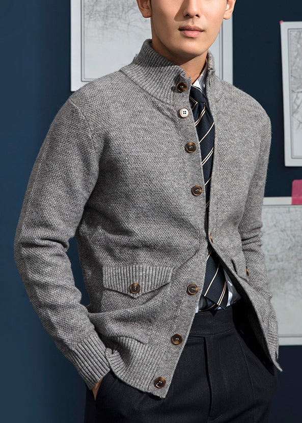 Loose Grey Stand Collar Button Pockets Knit Mens Coats Fall