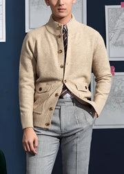 Loose Grey Stand Collar Button Pockets Knit Mens Coats Fall