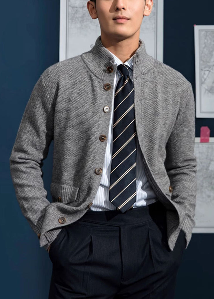 Loose Grey Stand Collar Button Pockets Knit Mens Coats Fall