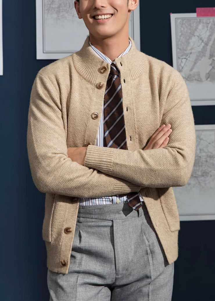 Loose Grey Stand Collar Button Pockets Knit Mens Coats Fall