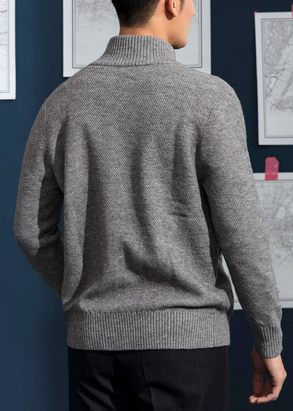 Loose Grey Stand Collar Button Pockets Knit Mens Coats Fall