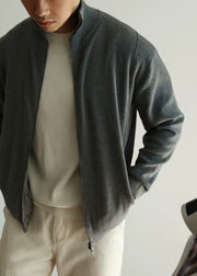 Loose Grey Stand Collar Zip Up Knit Men Coat Fall