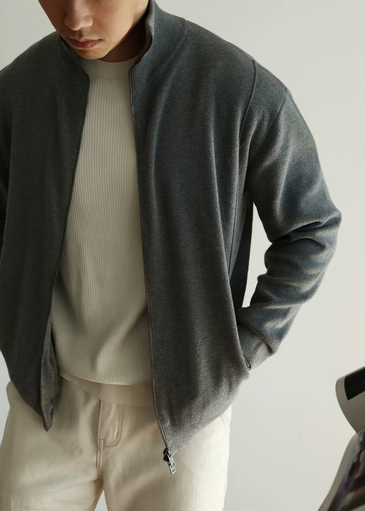 Loose Grey Stand Collar Zip Up Knit Men Coat Fall
