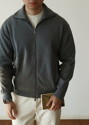 Loose Grey Stand Collar Zip Up Knit Men Coat Fall