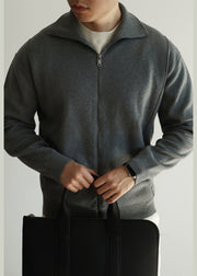 Loose Grey Stand Collar Zip Up Knit Men Coat Fall