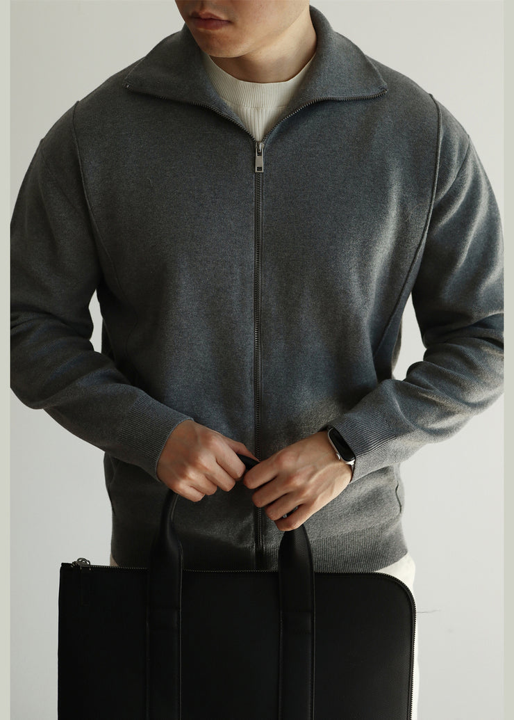 Loose Grey Stand Collar Zip Up Knit Men Coat Fall