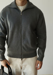 Loose Grey Stand Collar Zip Up Knit Men Coat Fall