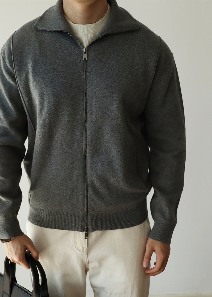 Loose Grey Stand Collar Zip Up Knit Men Coat Fall