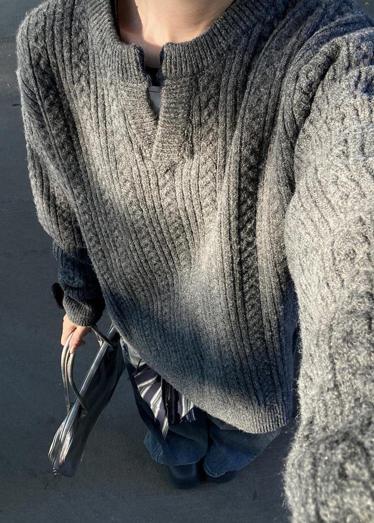 Loose Grey V Neck Cozy Cotton Cable Knit Men Sweater Winter