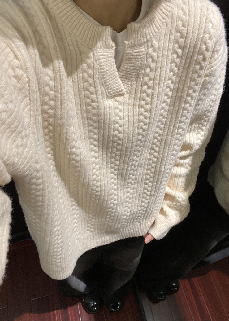 Loose Grey V Neck Cozy Cotton Cable Knit Men Sweater Winter