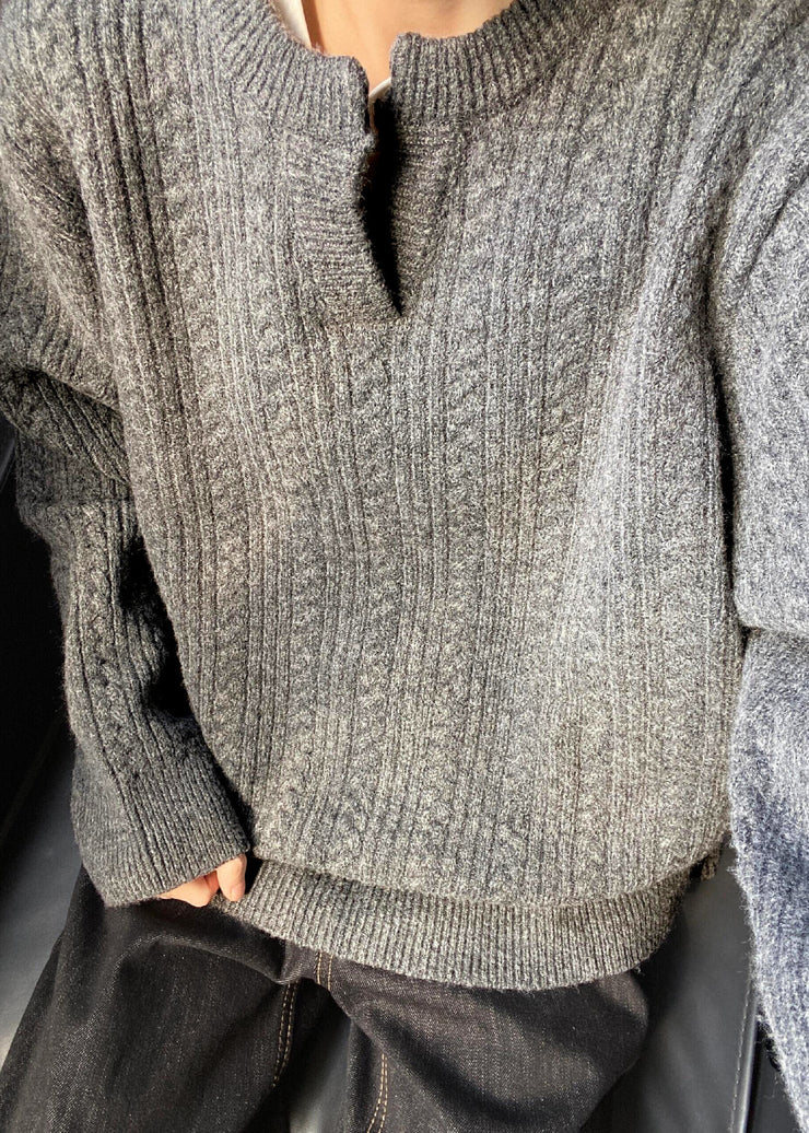 Loose Grey V Neck Cozy Cotton Cable Knit Men Sweater Winter