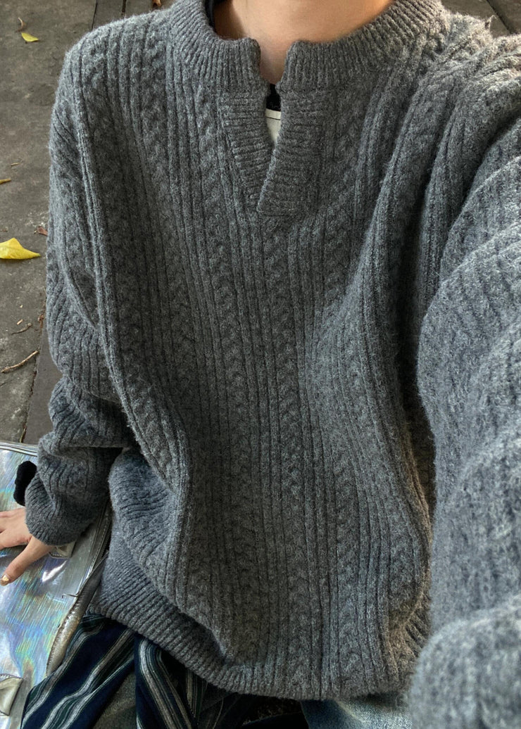 Loose Grey V Neck Cozy Cotton Cable Knit Men Sweater Winter