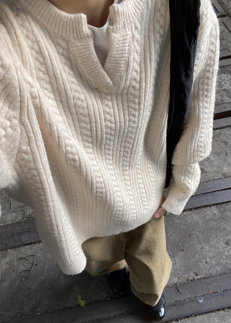 Loose Grey V Neck Cozy Cotton Cable Knit Men Sweater Winter