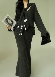 Loose Grey V Neck Sequins Knit Two Pieces Set Fall