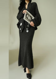 Loose Grey V Neck Sequins Knit Two Pieces Set Fall