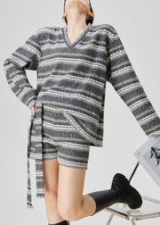 Loose Grey V Neck Striped Knit Two Pieces Set Fall