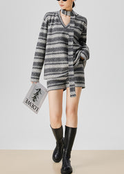 Loose Grey V Neck Striped Knit Two Pieces Set Fall