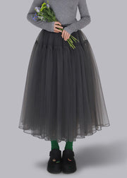 Loose Grey Wrinkled Elastic Waist Tulle Skirt Fall